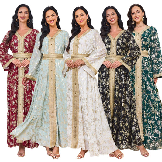 Robe Orientale Luxe Brocart Doré – Style Dubai Élégant avec Ceinture – 5 Couleurs