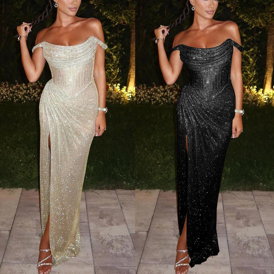 Robe longue à paillettes – Épaules dénudées & grande fente – Glam 2025