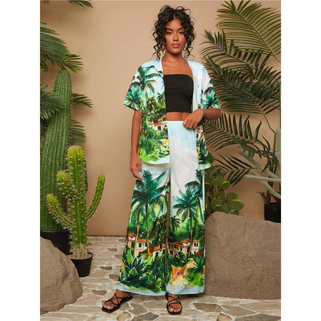 Ensemble Tropical Tendance Été - Chemise ample + Pantalon large imprimé Palmiers