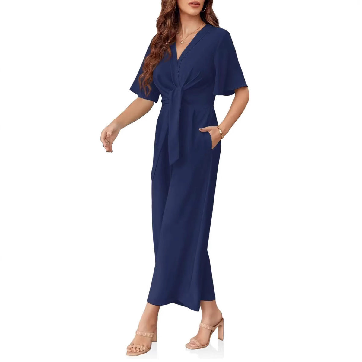 Solid Color And V-neck Minimalist Design Short-sleeved Jumpsuit