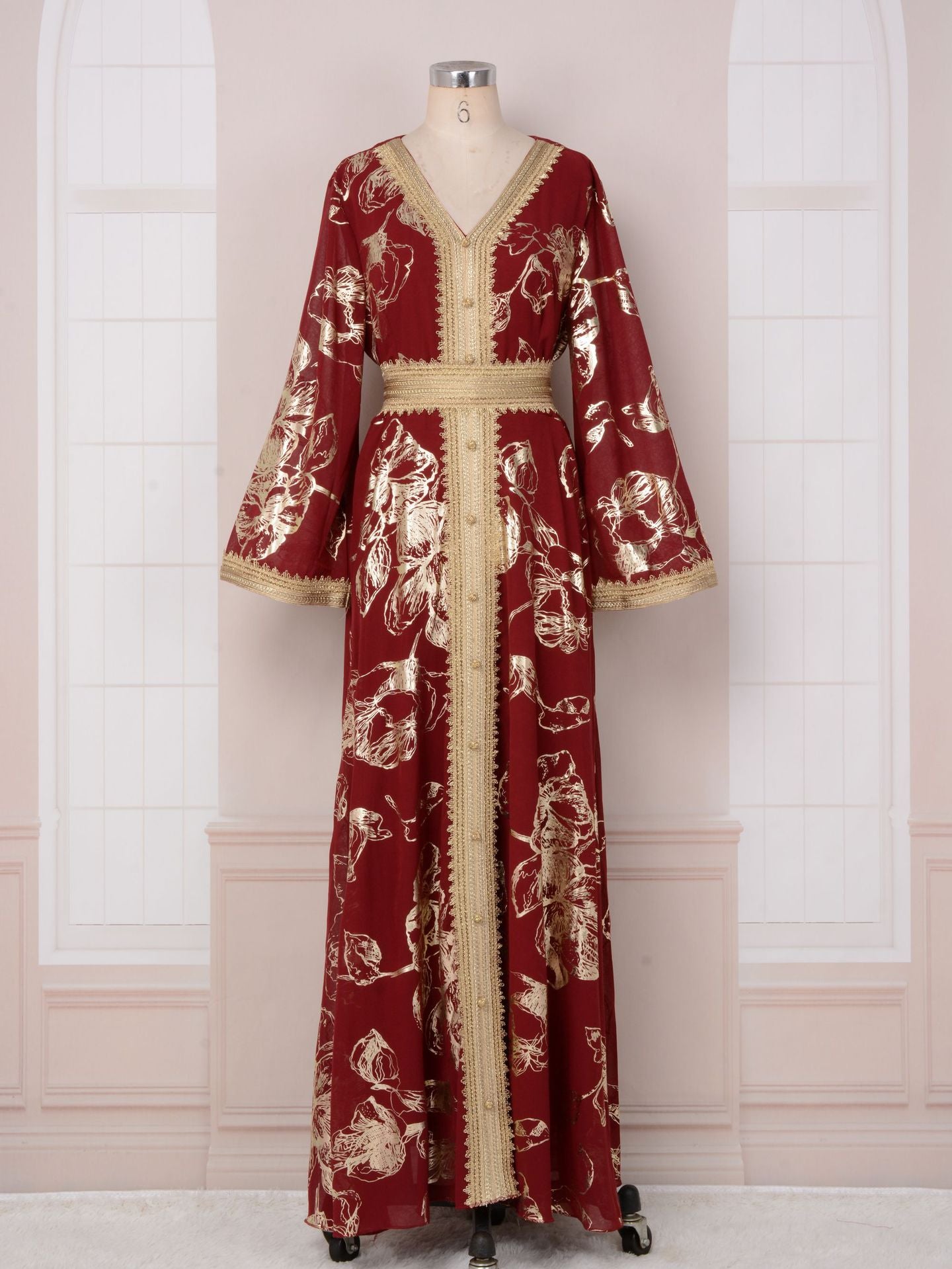 Robe Orientale Luxe Brocart Doré – Style Dubai Élégant avec Ceinture – 5 Couleurs