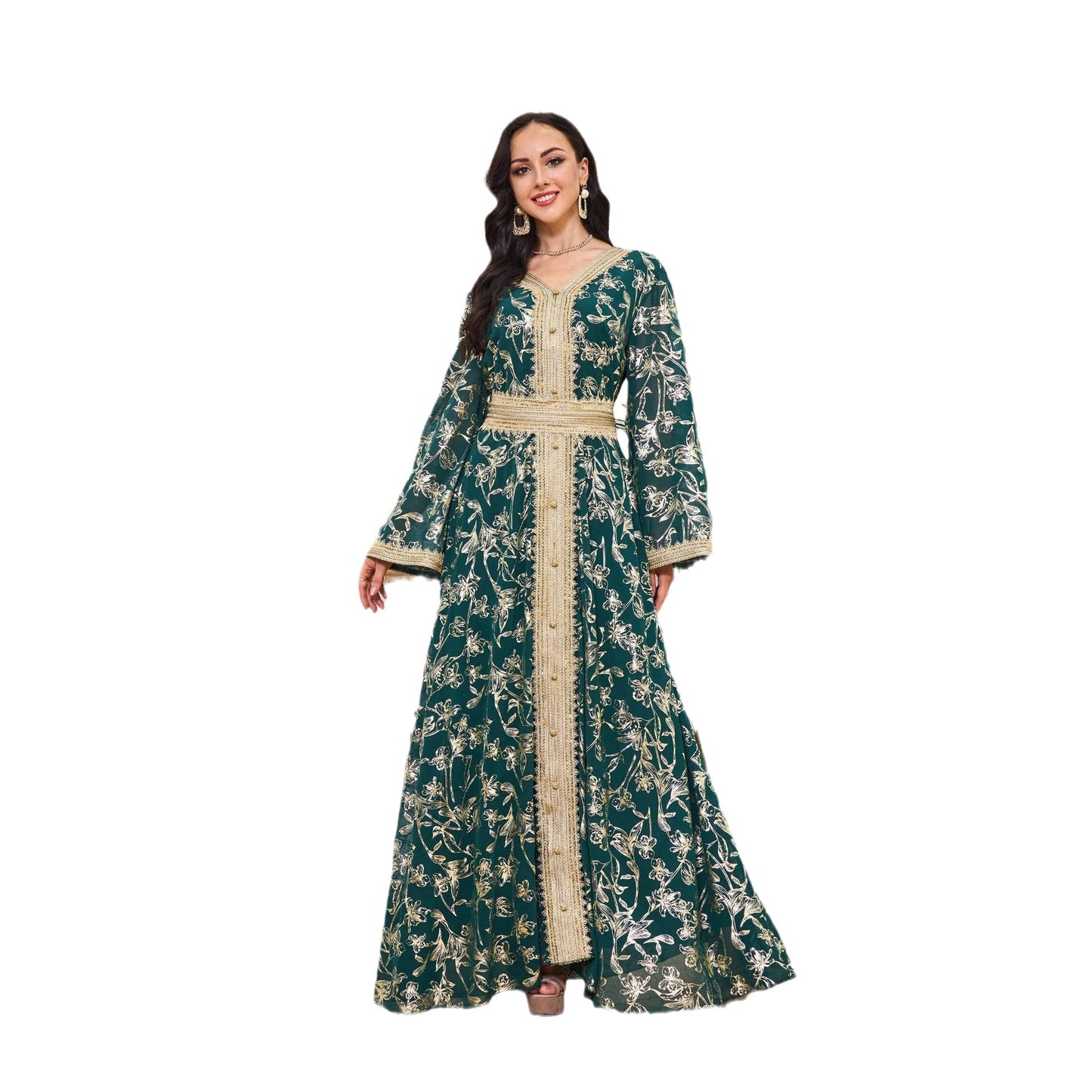 Robe Orientale Luxe Brocart Doré – Style Dubai Élégant avec Ceinture – 5 Couleurs