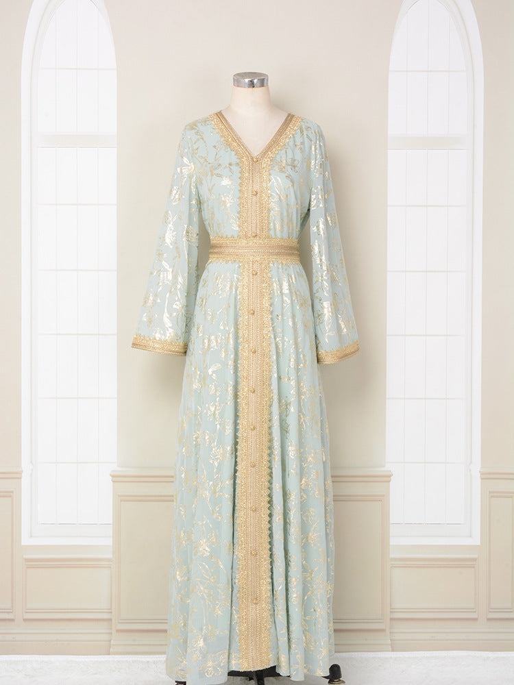 Robe Orientale Luxe Brocart Doré – Style Dubai Élégant avec Ceinture – 5 Couleurs