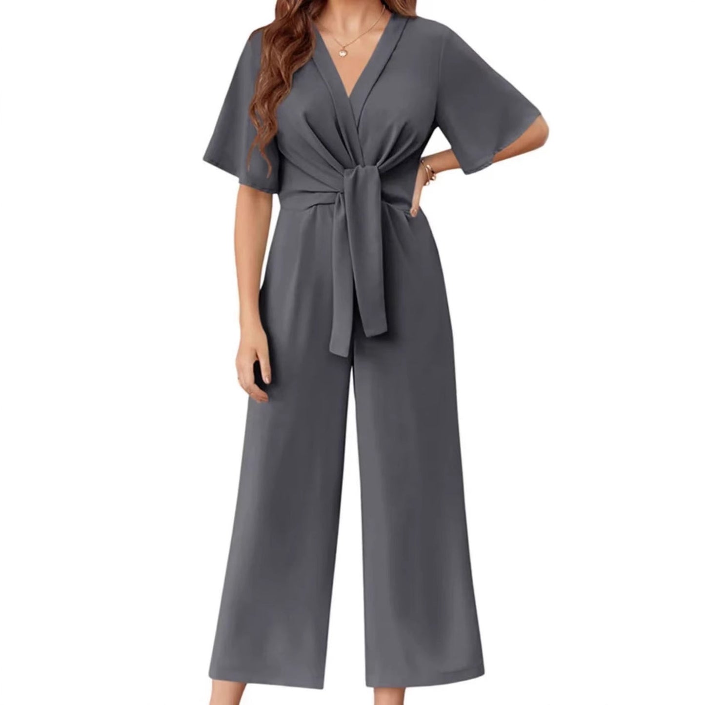 Solid Color And V-neck Minimalist Design Short-sleeved Jumpsuit