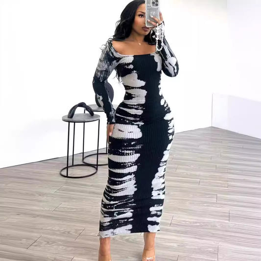 Robe droite maxi – Imprimé contrasté, col carré & manches longues | Casual chic 2025