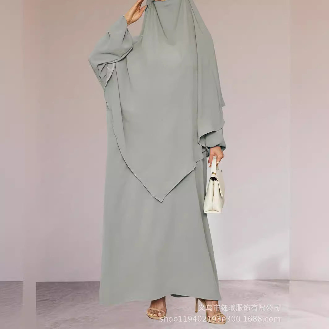 Jilbab 2 pièces fluide – Hijab long + robe ample | Rose poudré élégant