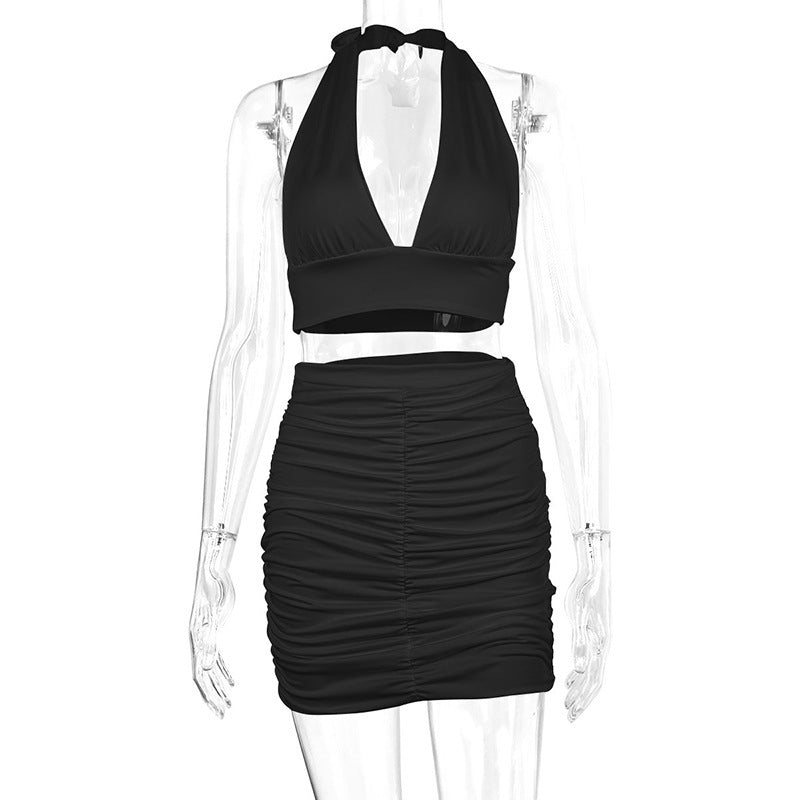 Ensemble Sexy 2 Pièces Femme – Crop Top Dos-Nu + Jupe Plissée
