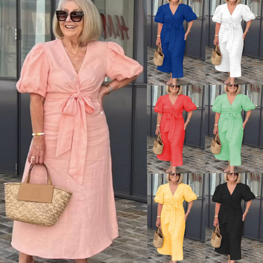 Robe Élégance Bohème – Nœud Frontal & Manches Bouffantes