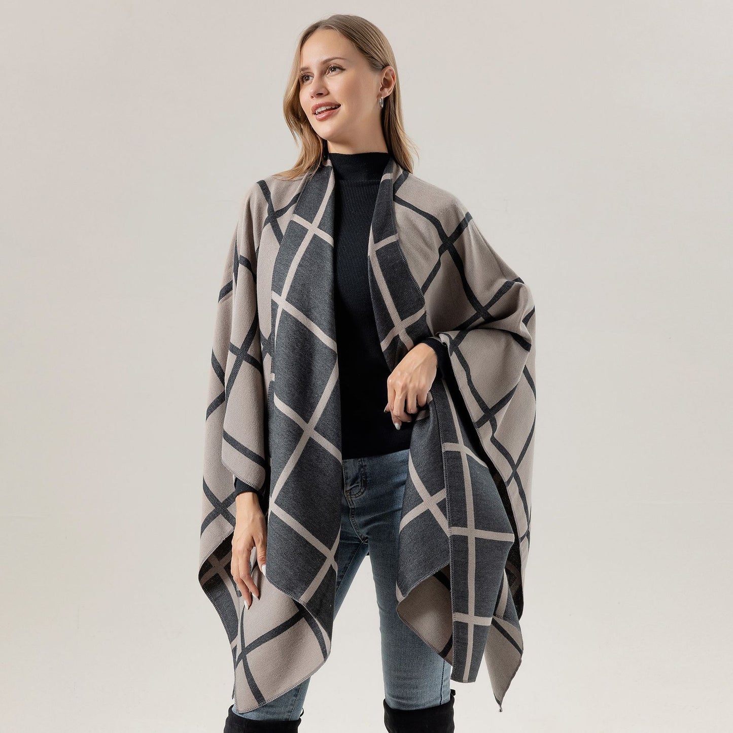 Écharpe Femme à Carreaux Oversize – Poncho Chaud Élégant Automne Hiver