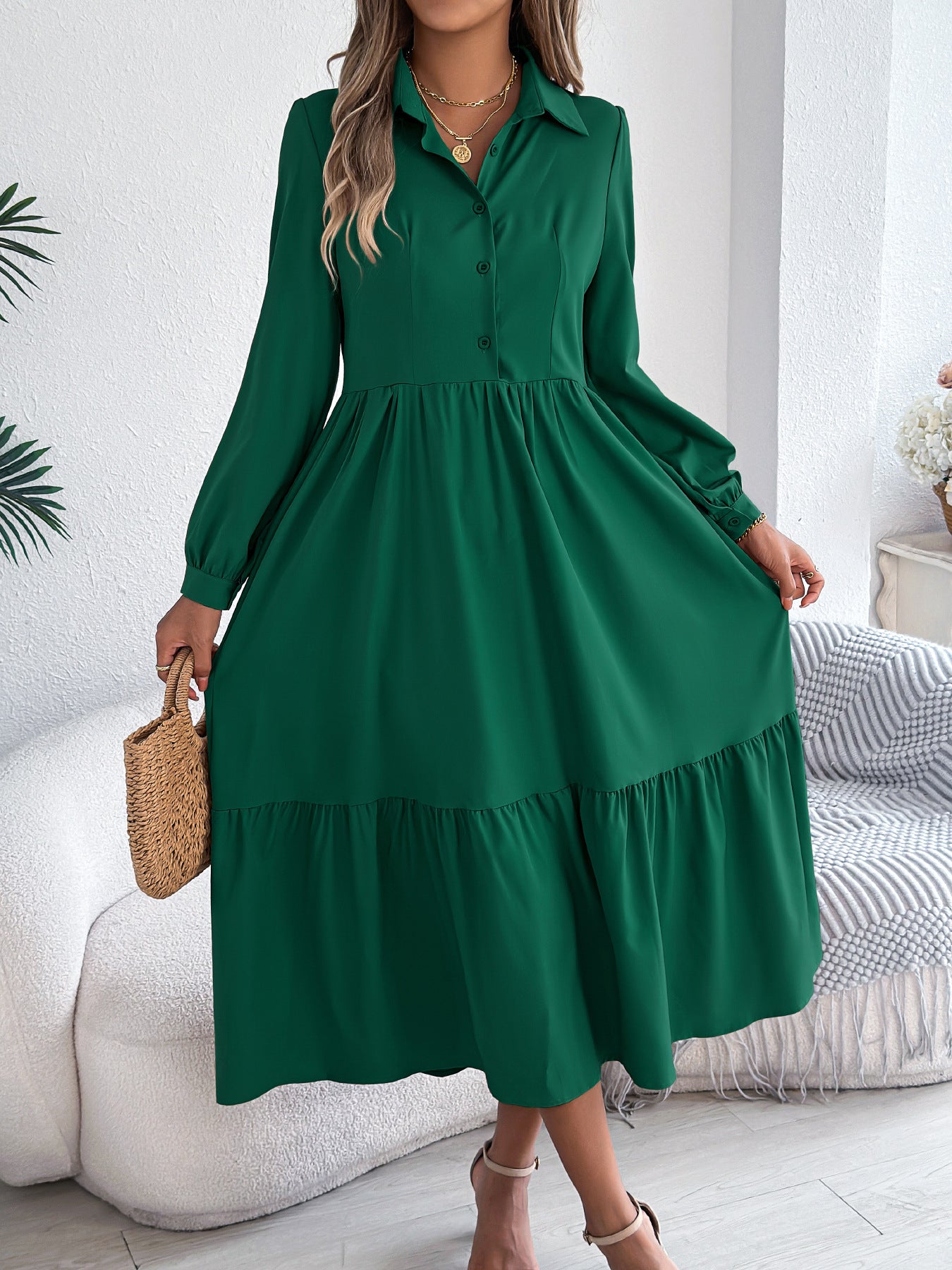Robe Longue Femme Élégante – Robe Chemise à Manches Longues avec Col | Style Chic & Décontracté