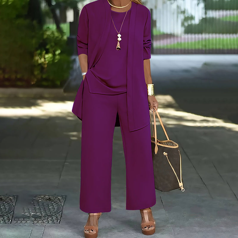 Ensemble Femme Élégant 3 Pièces – Pantalon Large + Haut Fluide + Veste Longue