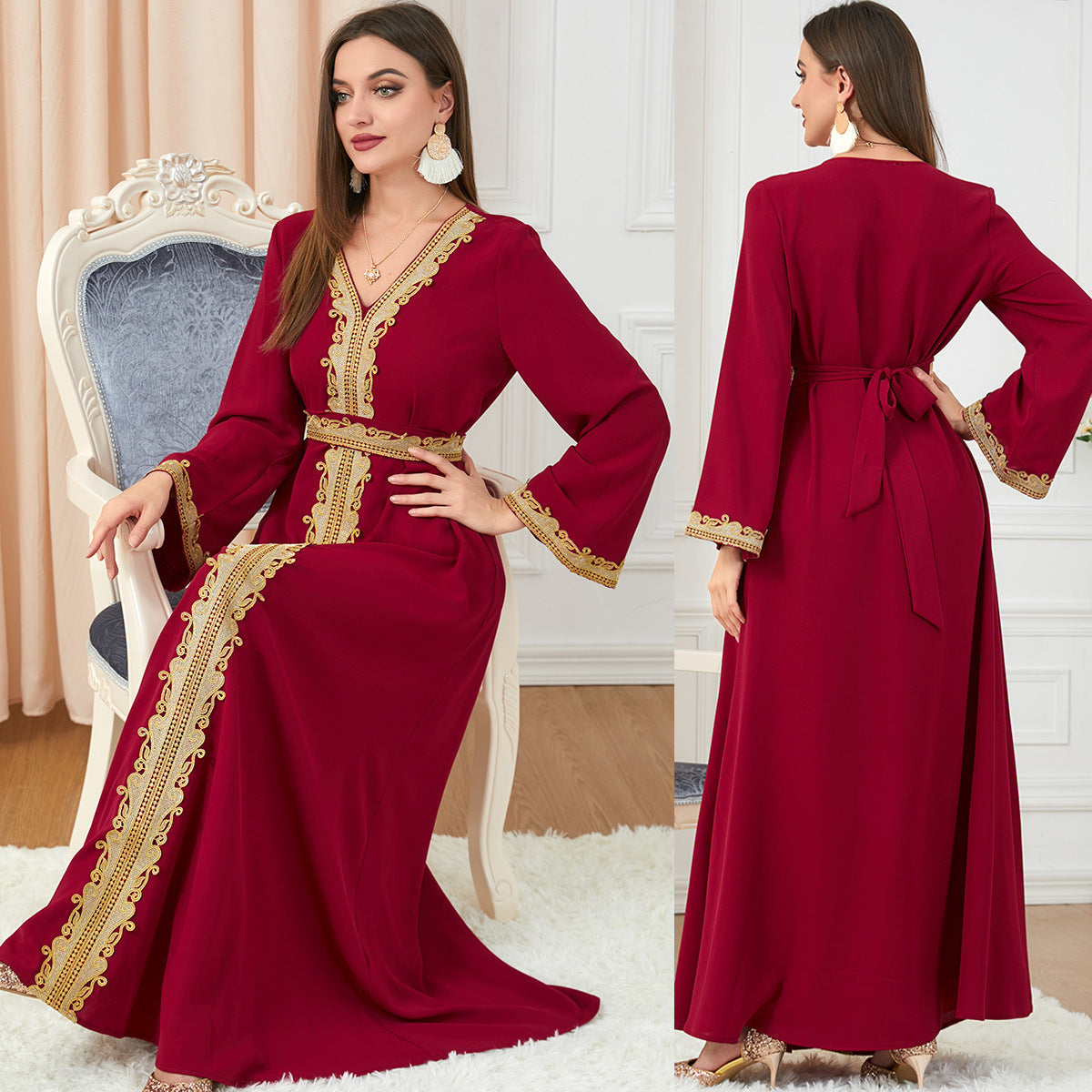 Robe Caftan Orientale Élégante - Broderie Dorée Menthe Douce