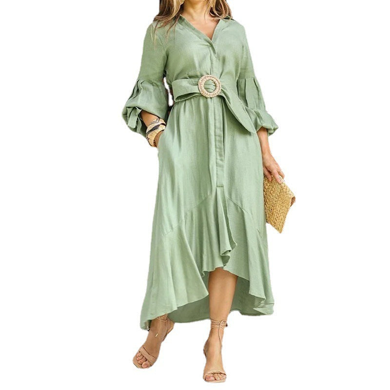 Robe élégante ceinturée – Manches bouffantes & col V | Style chic et fluide