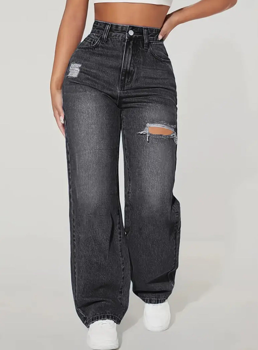 Jean Baggy Femme Taille Haute | Look Streetwear Chic & Détail Destroy