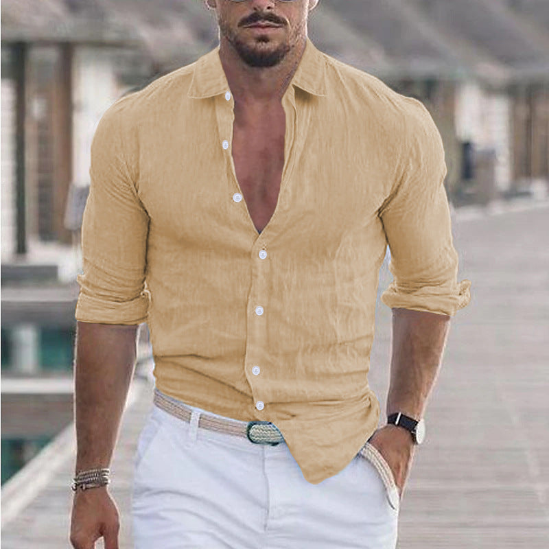 Chemise légère été homme coton/lin – Look chic décontracté | Manches longues