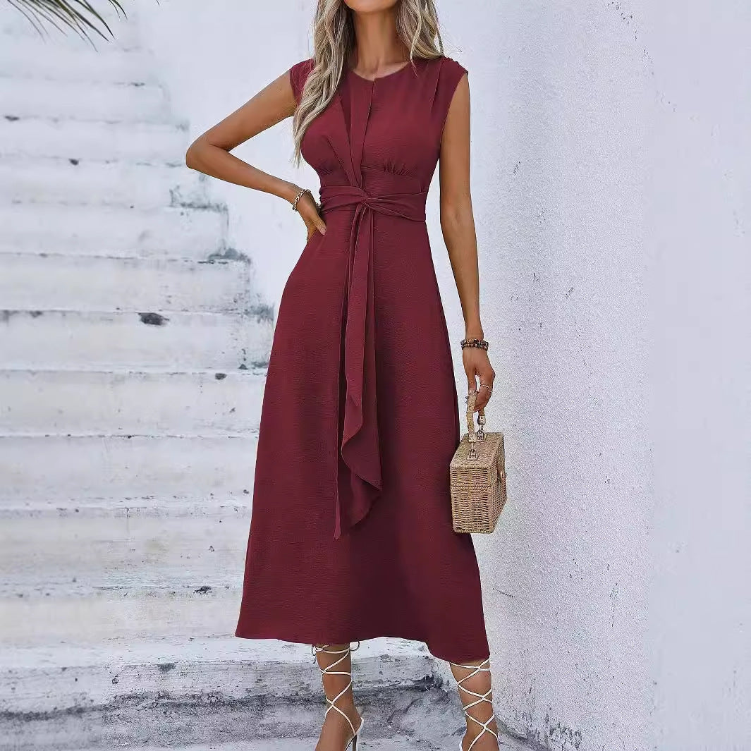 Robe Longue Élégante Femme – Sans manches, col tailleur chic avec ceinture à la taille