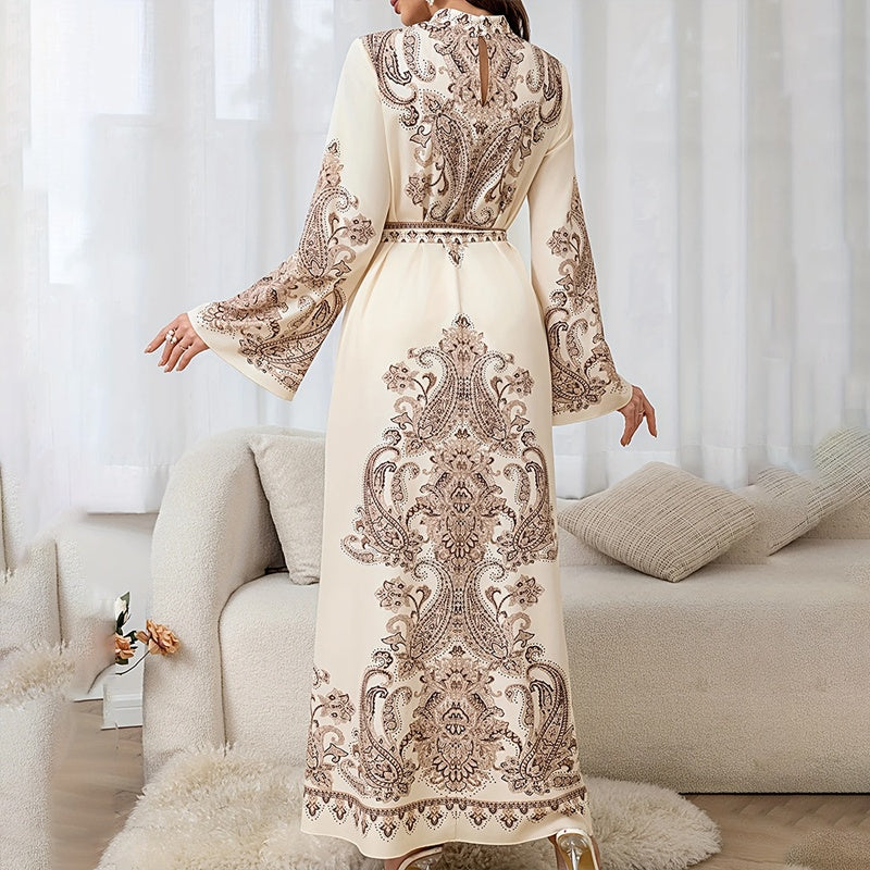 Robe Caftan Chic à Broderies Orientales - Écru & Marron