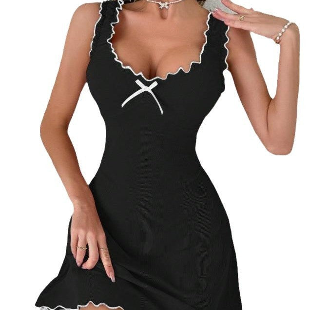 Robe nuisette satinée femme – Débardeur col en V avec nœud et volants, style chic et sexy