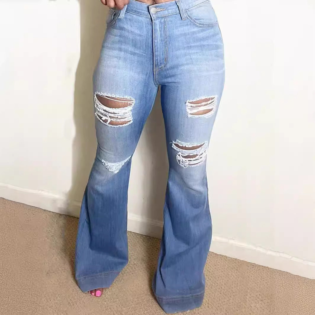 Elastic Light Blue Broken Hole Denim Bell-bottoms