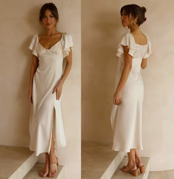 Robe Satin Élégance – Couleur Champagne Douce & Brillante