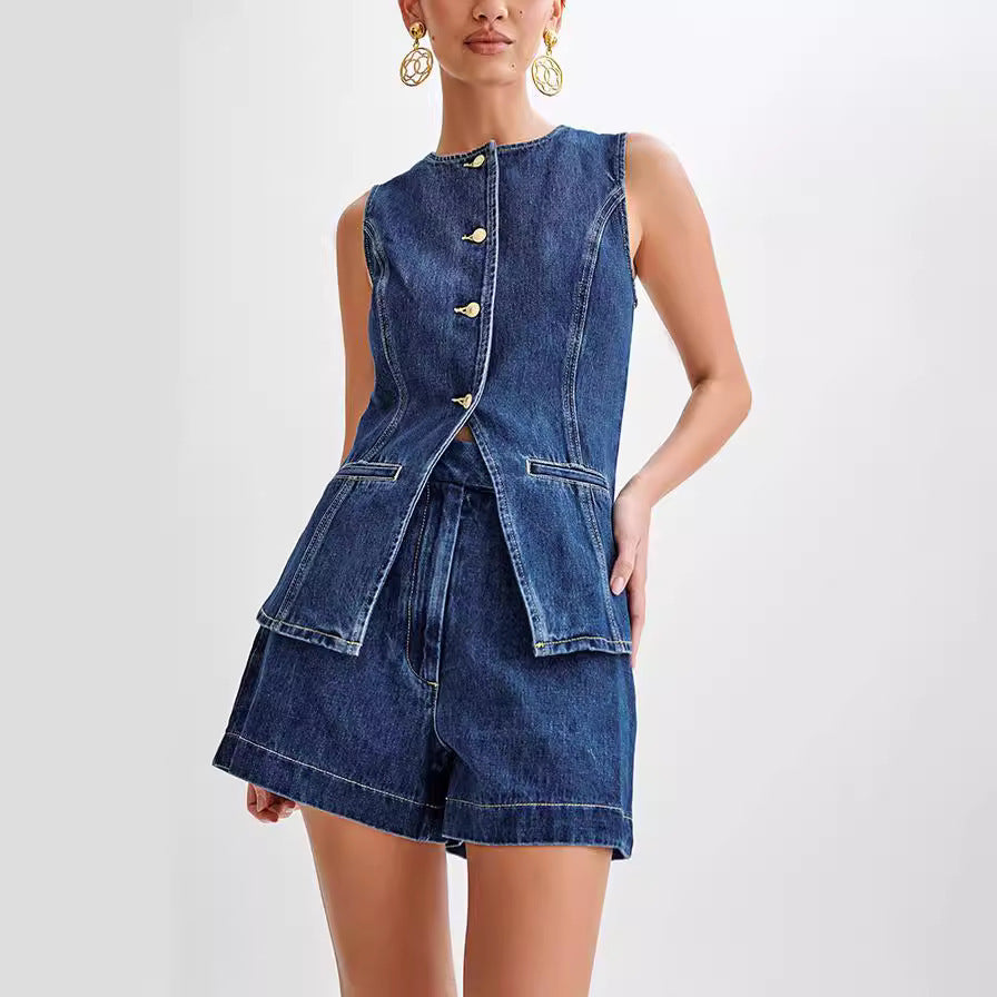 Ensemble Denim Élégance™ – Gilet & Short Taille Haute