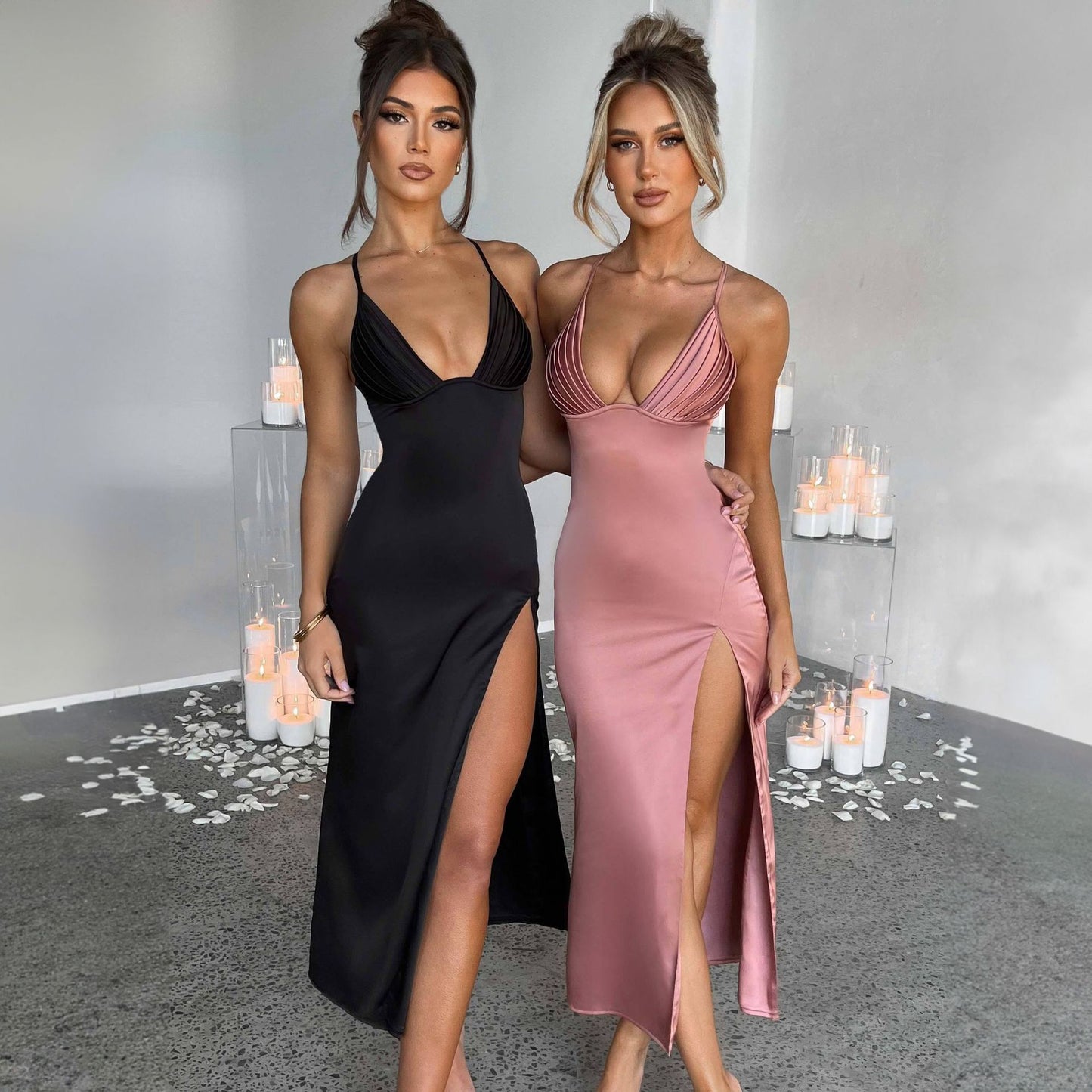 Robe Longue Satinée Femme – Bretelles Fines & Fente Sexy