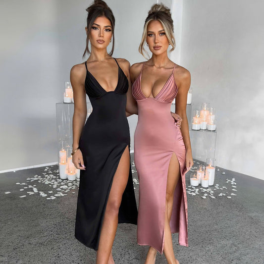 Robe Longue Satinée Femme – Bretelles Fines & Fente Sexy