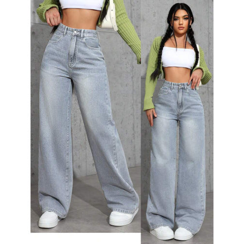Jean large femme taille haute – coupe wide leg vintage 90s, denim bleu clair