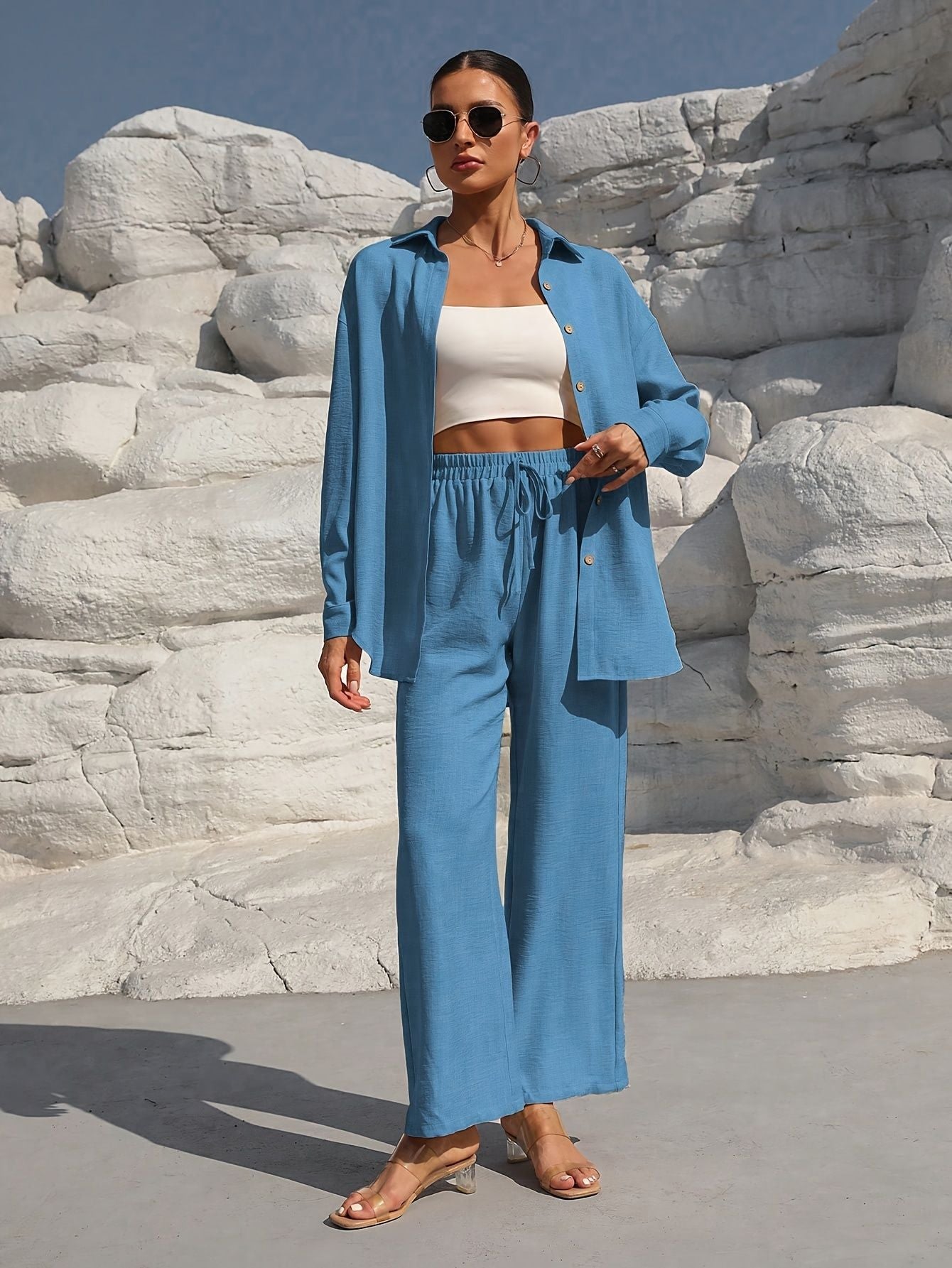 Ensemble Femme Chic – Veste Longue & Pantalon Large Taille Haute | Look Décontracté et Élégant Été 2025