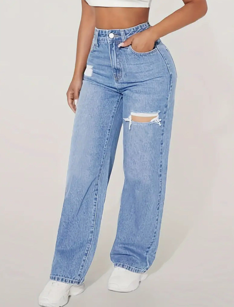 Jean Baggy Femme Taille Haute | Look Streetwear Chic & Détail Destroy