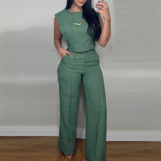 Ensemble crop top & pantalon fluide vert sauge – confort élégant automne‑hiver 2025