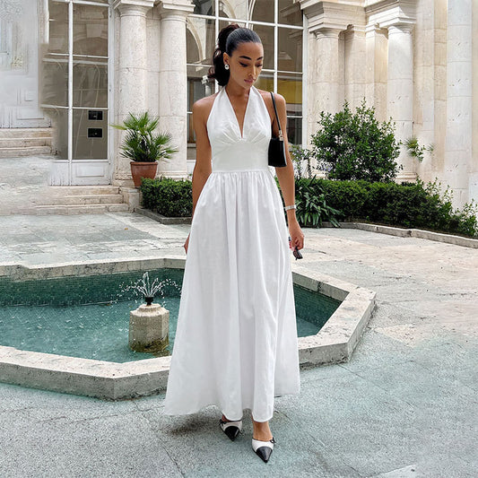 Robe Longue Blanche Élégante Femme – Robe Maxi Col Halter | Tenue Chic Soirée, Mariage & Été