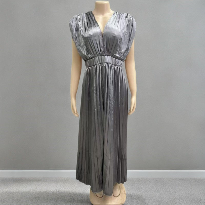 Robe Satinée Femme Évasée Plissée – Col V Profond Élégant – Robe Chic de Soirée