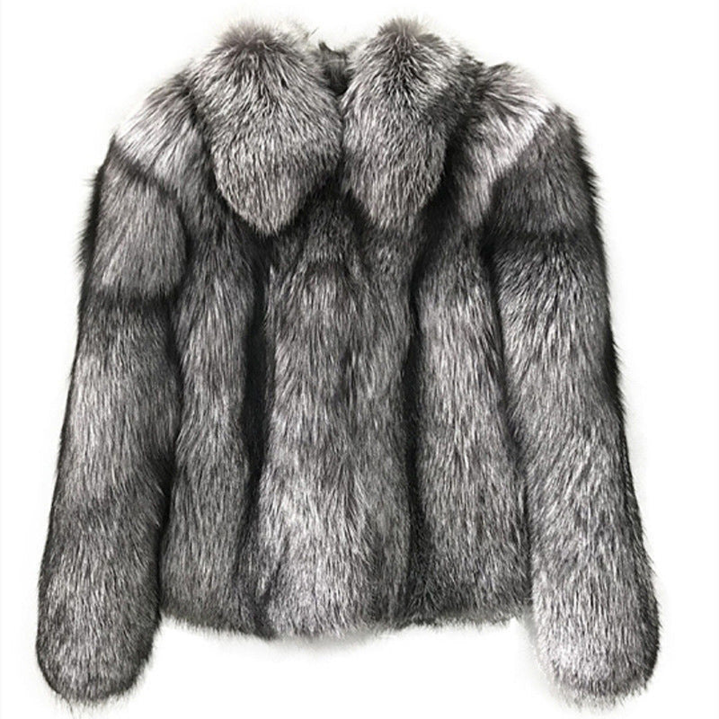 Veste Courte en Fausse Fourrure Luxe – Gris Argenté