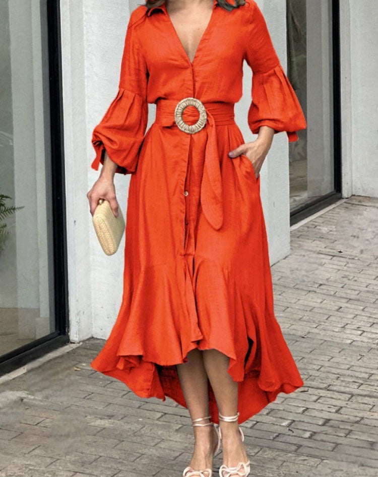 Robe élégante ceinturée – Manches bouffantes & col V | Style chic et fluide