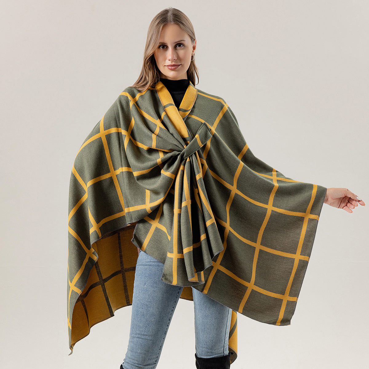 Écharpe Femme à Carreaux Oversize – Poncho Chaud Élégant Automne Hiver