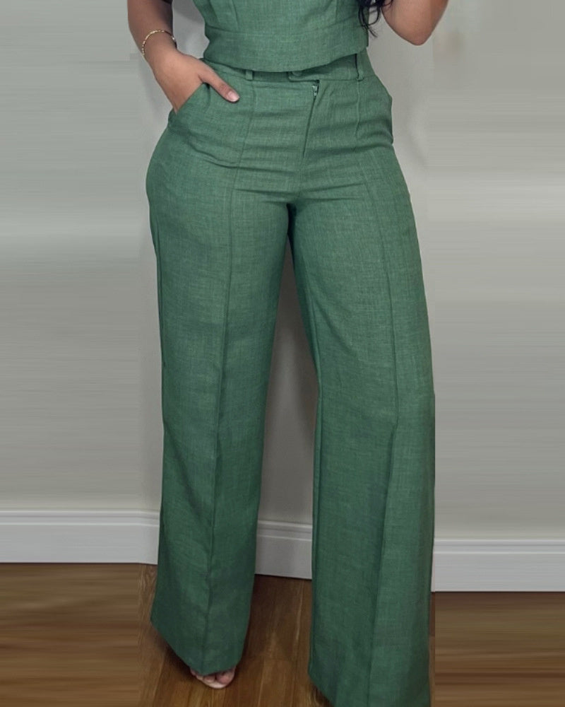 Ensemble crop top & pantalon fluide vert sauge – confort élégant automne‑hiver 2025