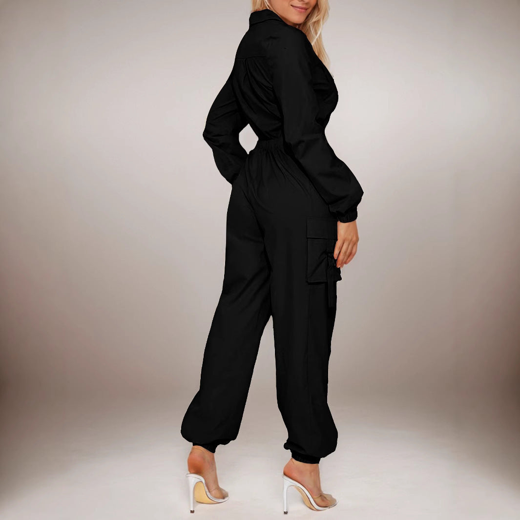 Combinaison zippée chic pour femme – Style cargo élégant, manches longues, coupe ample