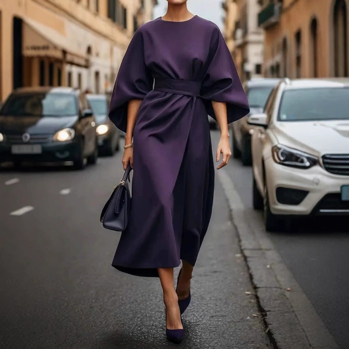 Robe Midi Élégante à Manches Chauve-Souris – Style Chic Urbain