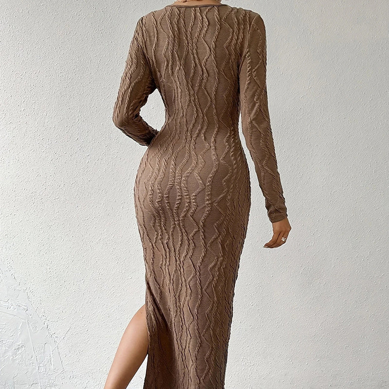 Robe Femme Moulante Longue Manche Longue avec Fente – Élégante & Sexy | Tenue Soirée Automne-Hiver