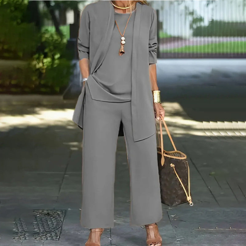 Ensemble Femme Élégant 3 Pièces – Pantalon Large + Haut Fluide + Veste Longue