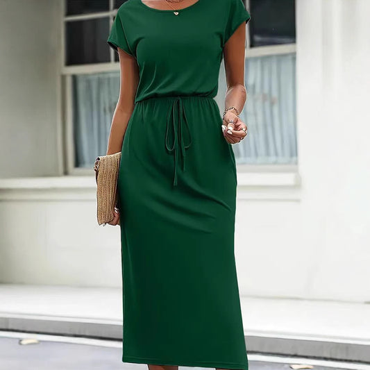 Robe Midi Femme Élégante – Col Rond & Taille Ceinturée | Robe Été Chic Décontractée