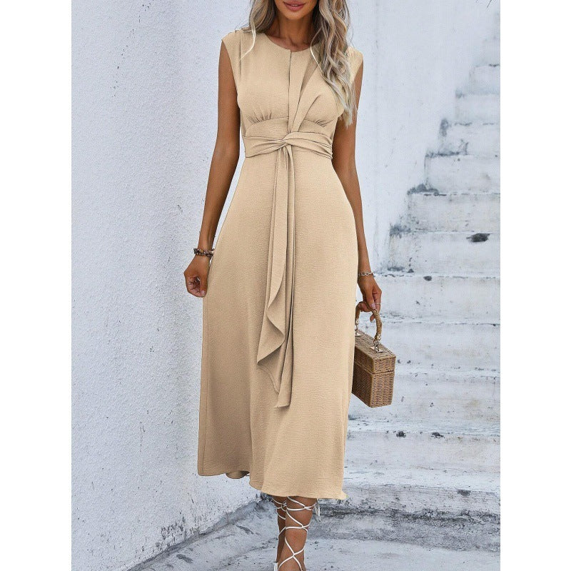 Robe Longue Élégante Femme – Sans manches, col tailleur chic avec ceinture à la taille