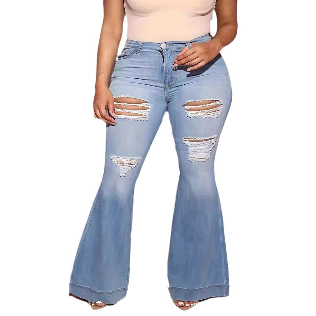 Elastic Light Blue Broken Hole Denim Bell-bottoms