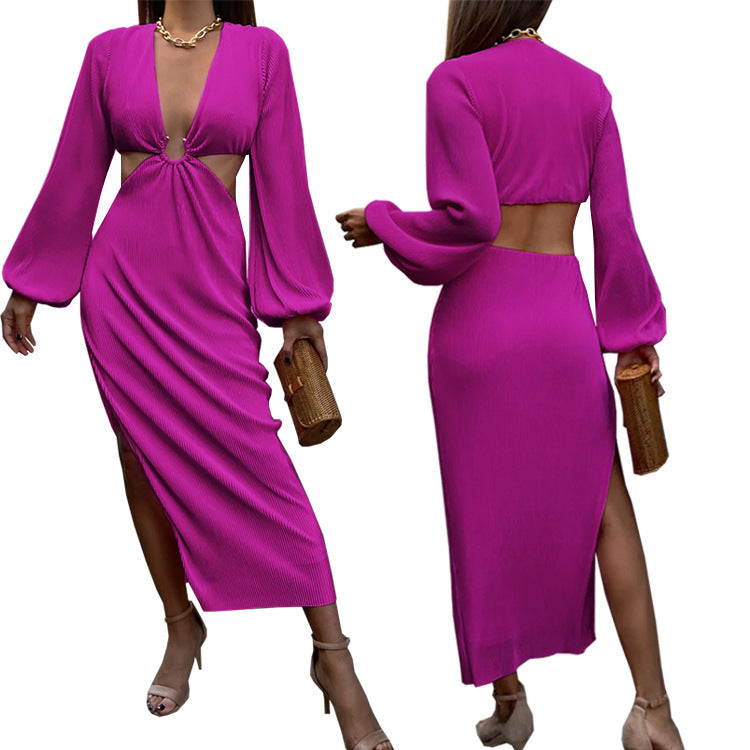 Robe fendue cut-out femme – décolleté plongeant & manches longues, look glamour été 2025