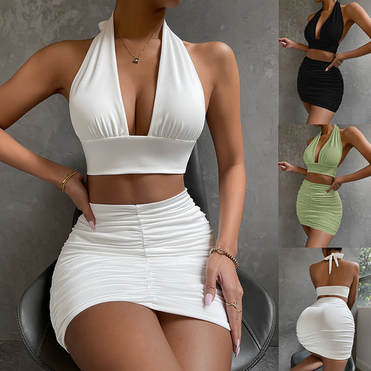 Ensemble Sexy 2 Pièces Femme – Crop Top Dos-Nu + Jupe Plissée