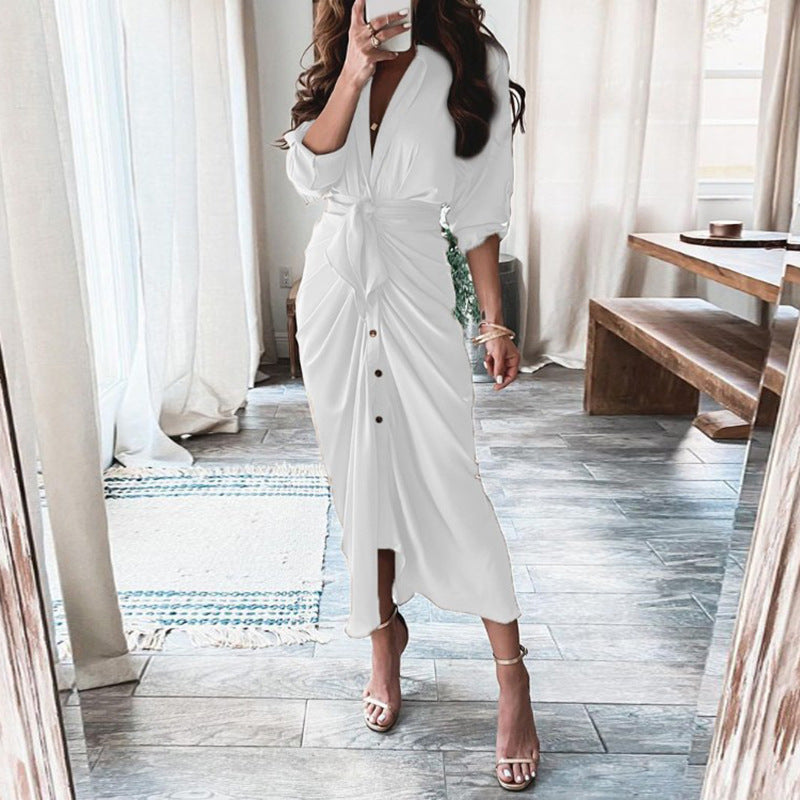 Robe Élégante Midi Boutonnée – Effet Portefeuille & Imprimés Stylés