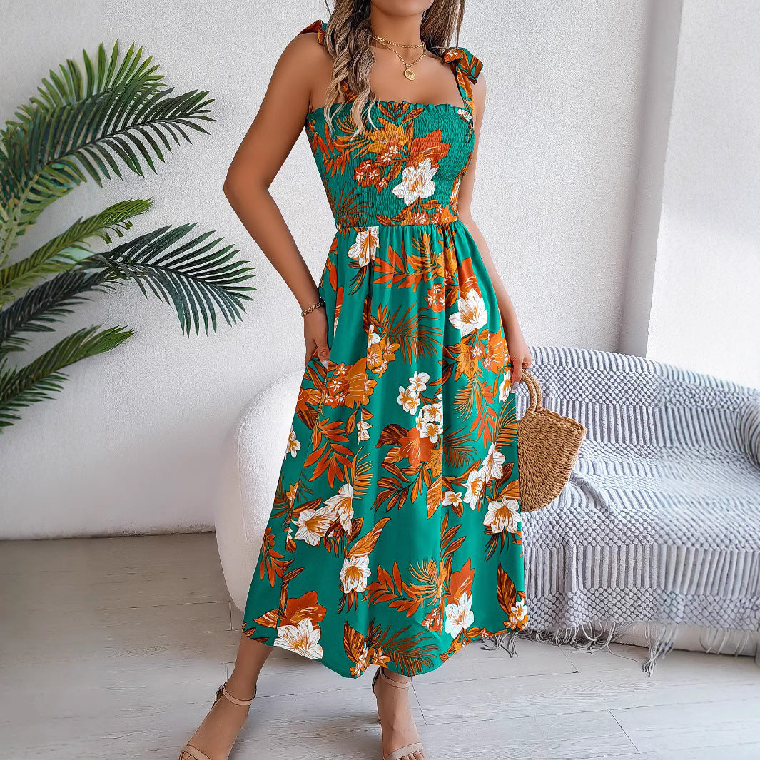 Robe Longue Bohème à Bretelles – Imprimé Fleuri Tropical