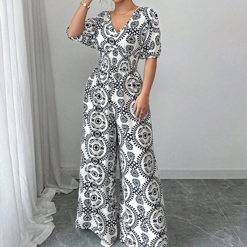 Combinaison Bohème Fluide – Taille Haute, Manches Courtes & Motif Mandala | Élégante & Confortable