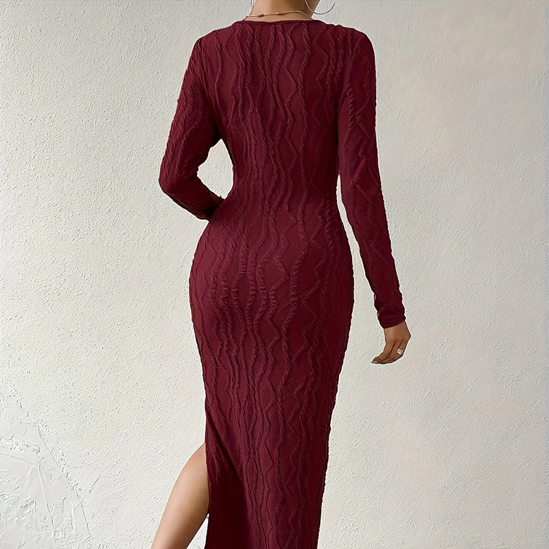 Robe Femme Moulante Longue Manche Longue avec Fente – Élégante & Sexy | Tenue Soirée Automne-Hiver